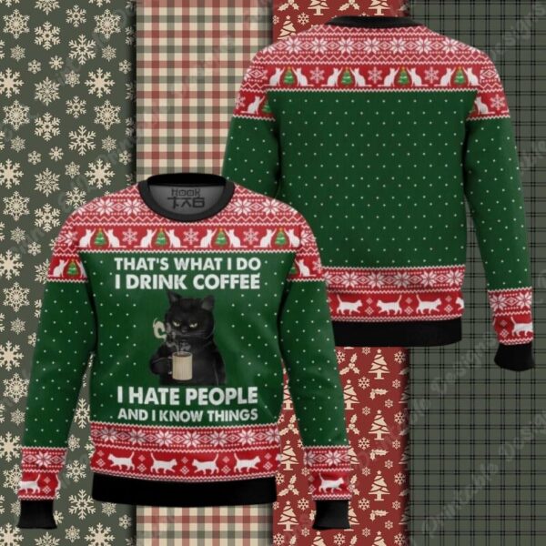Black Cat Drink Coffee Ugly Christmas Sweater, Xmas Gifts