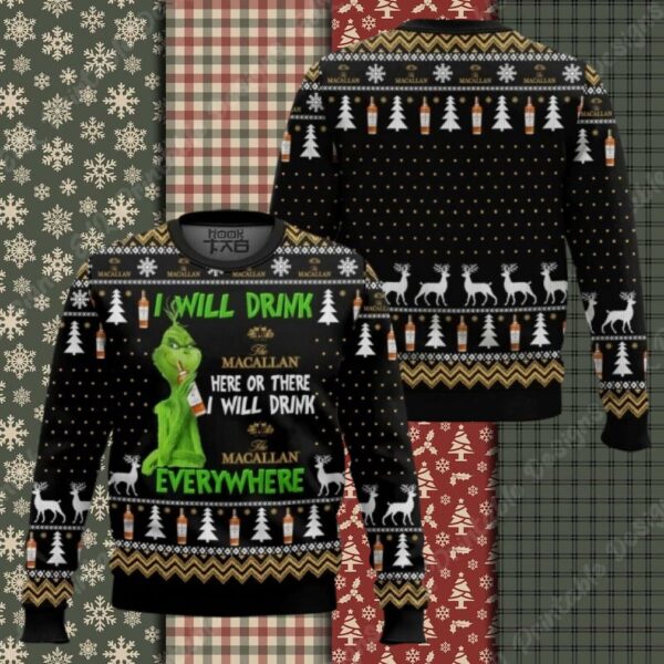 Grinch I Will Drink Macallan Everywhere Christmas Gift Ugly Christmas Sweater