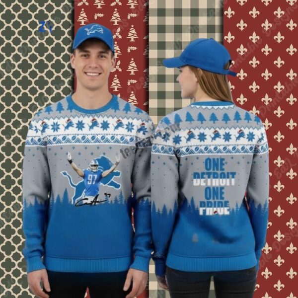 Detroit Lions Aidan Hutchinson One Pride Blue Xmas Party Ugly Sweater
