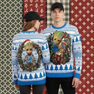 Detroit Lions Baby Groot Blue Cool Christmas Ugly Sweater