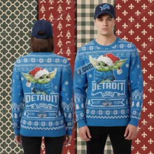 Detroit Lions Baby Yoda Claus Blue Womens Xmas Ugly Sweater