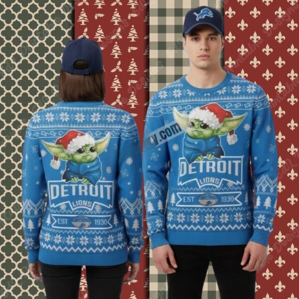 Detroit Lions Baby Yoda Claus Blue Womens Xmas Ugly Sweater