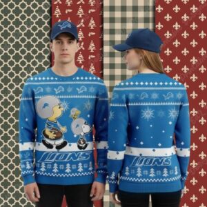 Detroit Lions Charlie Brown Snoopy Woodstock Blue Big Tall Christmas Ugly Sweater