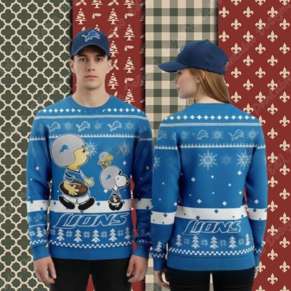 Detroit Lions Charlie Brown Snoopy Woodstock Blue Big Tall Christmas Ugly Sweater