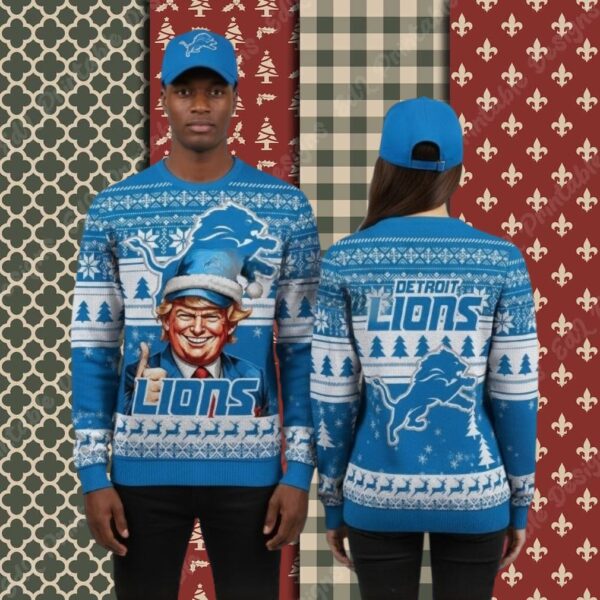 Detroit Lions Donald Trump Blue Cool Christmas Ugly Sweater