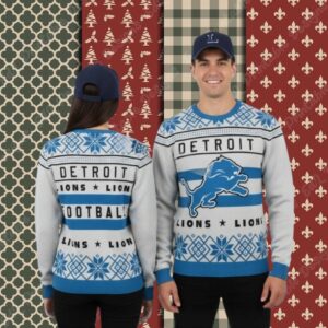 Detroit Lions Football Grey Blue Best Xmas Ugly Sweater