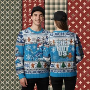 Detroit Lions Gingerbread They Net Like Us Blue Womens Xmas Ugly Sweater