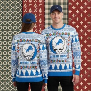 Detroit Lions Grateful Dead White Blue Womens Xmas Ugly Sweater