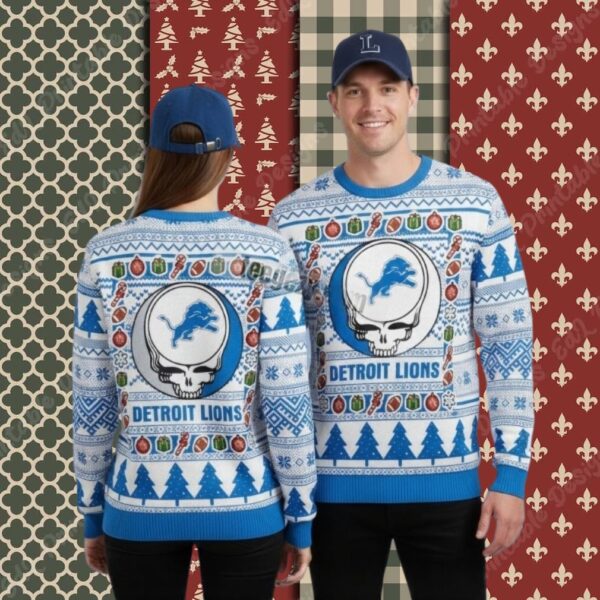Detroit Lions Grateful Dead White Blue Womens Xmas Ugly Sweater