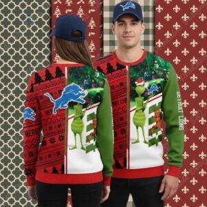 Detroit Lions Grinch And Dog Max Red Mens Christmas Ugly Sweater