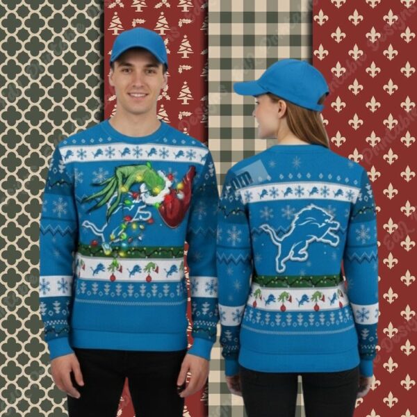 Detroit Lions Grinch Hand Light Blue Best Christmas Ugly Sweater
