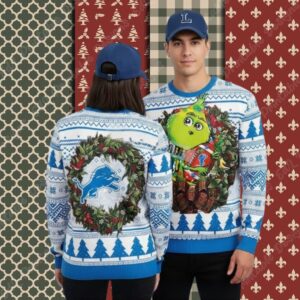 Detroit Lions Grinch Hug Ball Blue Ladies Christmas Ugly Sweater