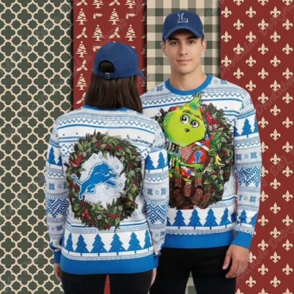 Detroit Lions Grinch Hug Ball Blue Ladies Christmas Ugly Sweater