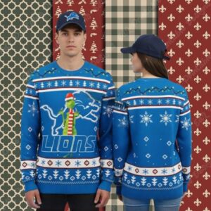 Detroit Lions Grinch Logo Blue Family Christmas Ugly Sweater