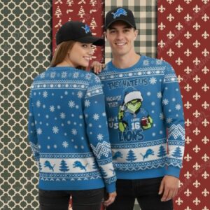 Detroit Lions Grinch Love Blue Ladies Christmas Ugly Sweater