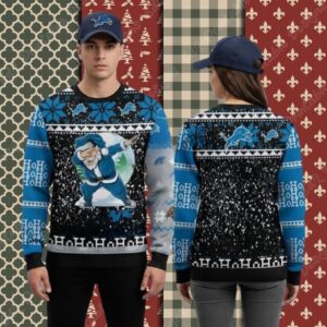 Detroit Lions Ho Ho Ho Santa Claus Blue Xmas Party Ugly Sweater