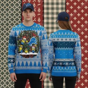Detroit Lions Minion Squad Blue Couples Christmas Ugly Sweater