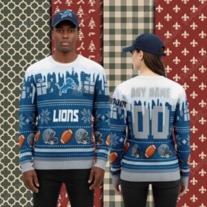 Detroit Lions Personalized Blue Couples Christmas Ugly Sweater