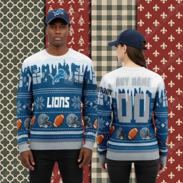 Detroit Lions Personalized Blue Couples Christmas Ugly Sweater