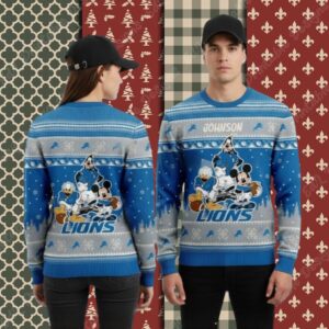 Detroit Lions Personalized Donald Mickey Blue Christmas Ugly Sweater