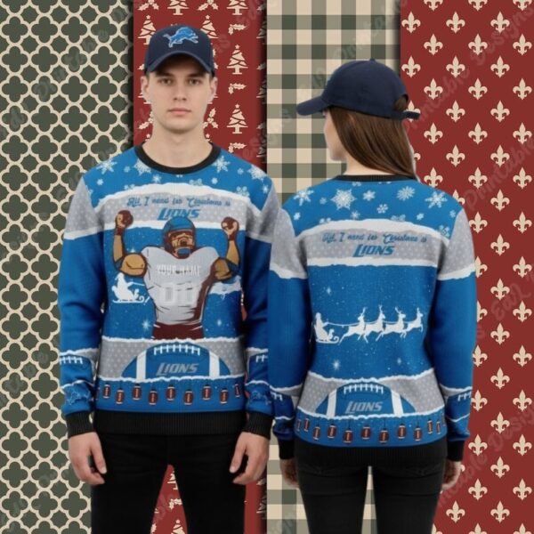 Detroit Lions Personalized Player Blue Couples Christmas Ugly Sweater