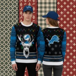 Detroit Lions Reindeer Light Blue Funny Christmas Ugly Sweater