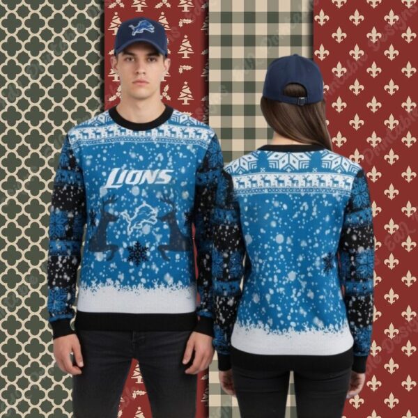 Detroit Lions Reindeer Pattern Blue Mens Christmas Ugly Sweater