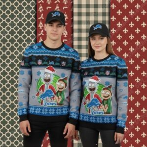 Detroit Lions Rick And Morty Blue Xmas Party Ugly Sweater
