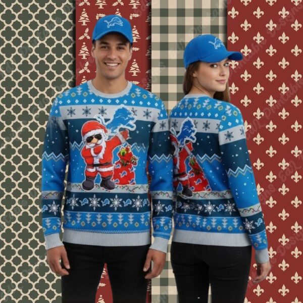 Detroit Lions Santa Claus Dance Blue Vintage Christmas Ugly Sweater