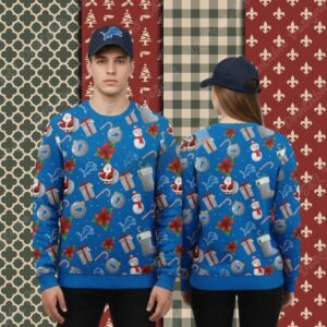 Detroit Lions Santa Claus Snowman Blue Womens Xmas Ugly Sweater