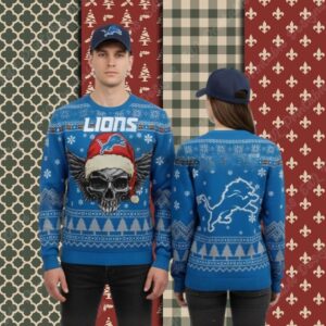 Detroit Lions Skull Blue Ladies Christmas Ugly Sweater