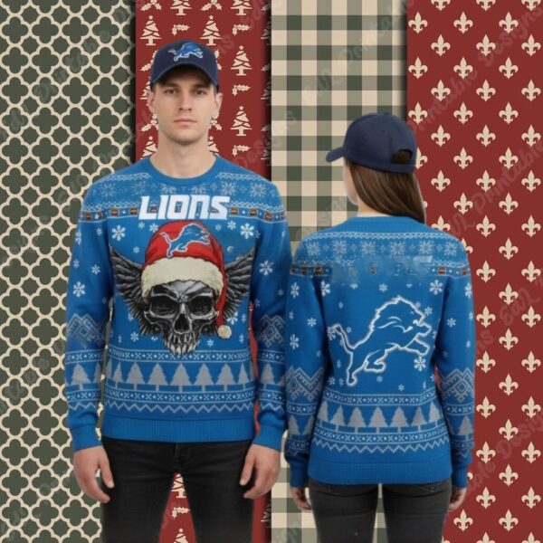 Detroit Lions Skull Blue Ladies Christmas Ugly Sweater