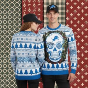 Detroit Lions Skull Flowers Blue Womens Christmas Ugly Sweater