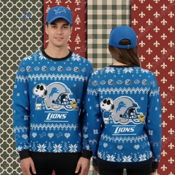 Detroit Lions Snoopy Woodstock Blue Womens Christmas Ugly Sweater