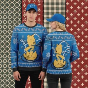 Detroit Lions Winnie The Pooh Blue Xmas Party Ugly Sweater