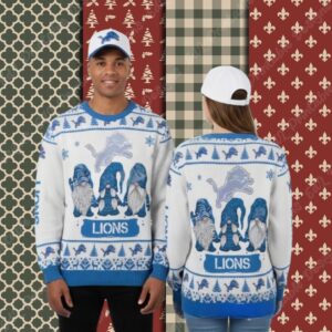 Detroit Lions Xmas Gnomes White Couples Christmas Ugly Sweater