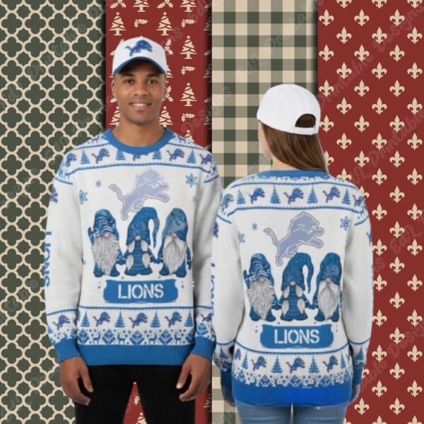 Detroit Lions Xmas Gnomes White Couples Christmas Ugly Sweater
