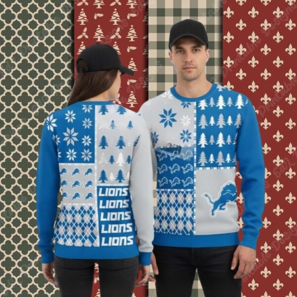 Detroit Lions Xmas Tree Blue Big Tall Christmas Ugly Sweater