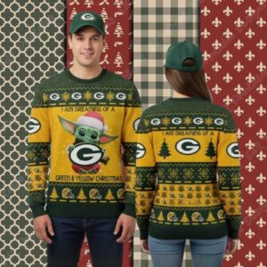 Green Bay Packers Baby Yoda Claus Yellow Mens Christmas Ugly Sweater