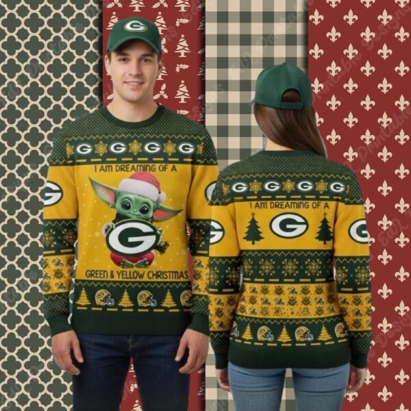 Green Bay Packers Baby Yoda Claus Yellow Mens Christmas Ugly Sweater