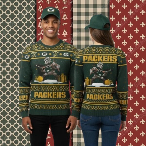 Green Bay Packers Boba Fett Baby Yoda Cool Christmas Ugly Sweater