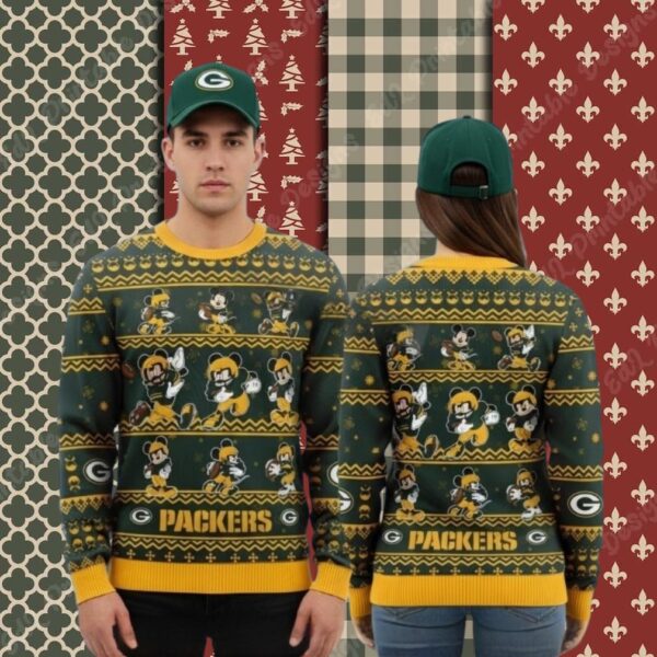 Green Bay Packers Disney Mickey Player Yellow Big Tall Christmas Ugly Sweater