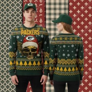 Green Bay Packers Golden Skull Womens Xmas Ugly Sweater