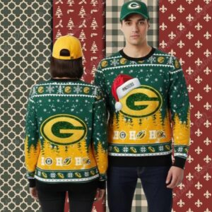 Green Bay Packers Ho Ho Ho Santa Hat Yellow Plus Size Christmas Ugly Sweater
