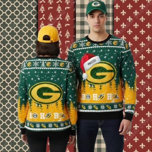 Green Bay Packers Ho Ho Ho Santa Hat Yellow Plus Size Christmas Ugly Sweater