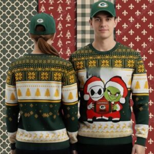 Green Bay Packers Jack Skellington Grinch Mens Christmas Ugly Sweater