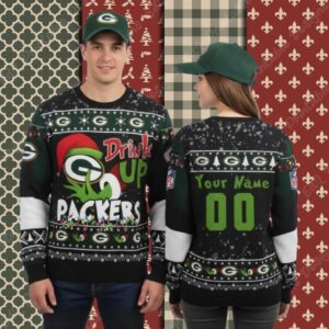 Green Bay Packers Personalized Grinch Drink Up Womens Xmas Ugly Sweater