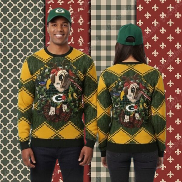 Green Bay Packers Pug Dog Yellow Mens Christmas Ugly Sweater