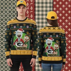 Green Bay Packers Rick And Morty Yellow Mens Christmas Ugly Sweater