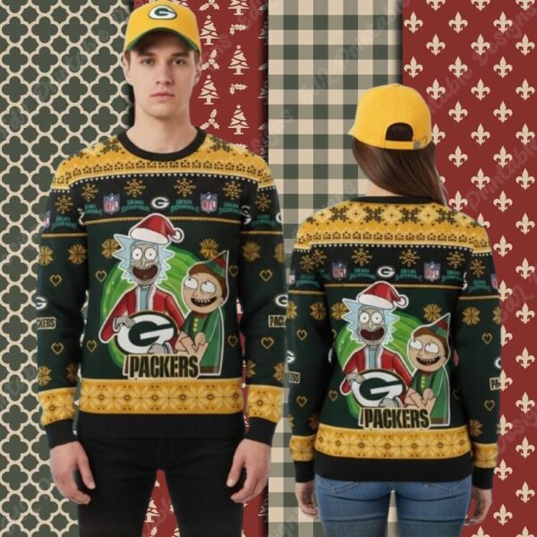 Green Bay Packers Rick And Morty Yellow Mens Christmas Ugly Sweater